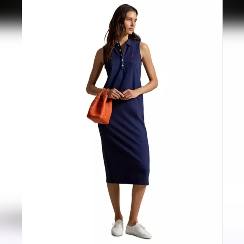 Ralph Lauren Navy Sleeveless Polo Midi Dress with Red Logo - Picture 2 of 10